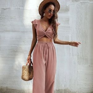 Cream Vacation Matching Set Linen Pants and Crop Top